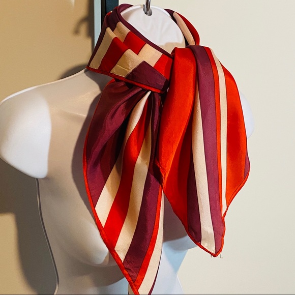 Vintage Red Purple White Asymmetrical Line Print Square Scarf - Picture 4 of 12